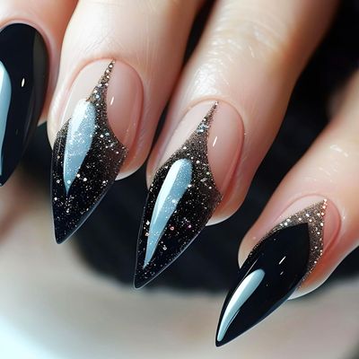 Black French Tips Press on Nails 24Pcs Black Gradient False Nails Starry Long Stiletto Acrylic Fake Nails Glossy Silver Glitter Stick on Nails Y2k Design Gel Glue on Nails for Coquette Women Girls