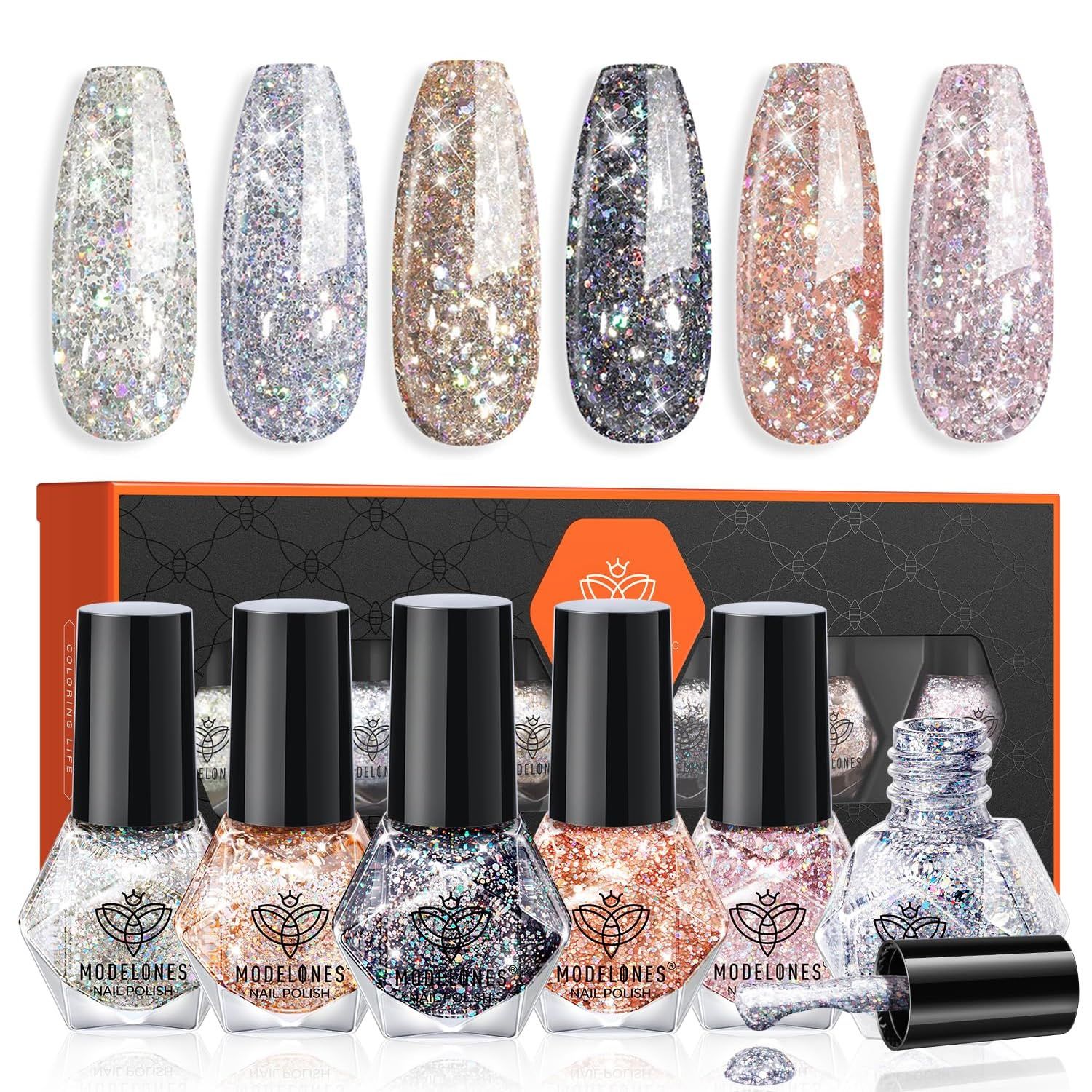 modelones Glitter Nail Polish 6 Colors Holographic Sparkle Glitter Mini Set Flash Diamond Black Silver Gold Quick Dry Manicure Diy Nail Art Salon Gift For Women Girl