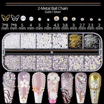 Mixed 3D Nail Art Gem Decoration Accessories Kit 1, Aurora Bear Bow Butterfly Starry AB Rhinestone Charm Jewelry for Deco, Pearl Flower Caviar Bead Stone Crystal with Dual-End Brush and Tweezer