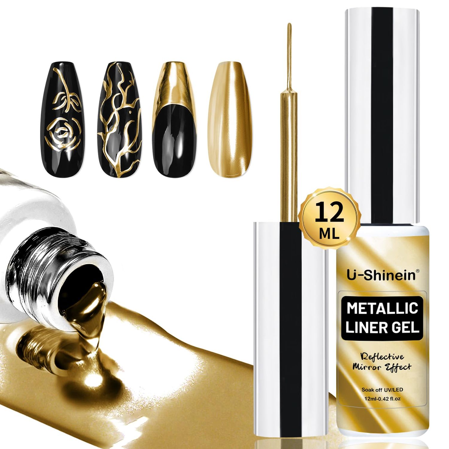 U-Shinein 12ml Metallic Painting Gel Liner for Nail Art - 3D Mirror Chrome Effect Polish With Built-in Thin Brush - Soak Off UV/LED Gold Striper for Salon Home DIY Manicure