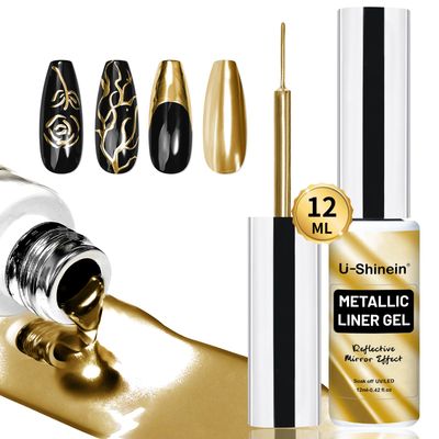 U-Shinein 12ml Metallic Painting Gel Liner for Nail Art - 3D Mirror Chrome Effect Polish With Built-in Thin Brush - Soak Off UV/LED Gold Striper for Salon Home DIY Manicure