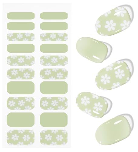 JMEOWIO Gel Nail Stickers White Flower Light Green Semi Cured Gel Nail Strips Wraps UV/LED Nails Art Design Decoration Accessories