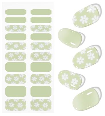 JMEOWIO Gel Nail Stickers White Flower Light Green Semi Cured Gel Nail Strips Wraps UV/LED Nails Art Design Decoration Accessories