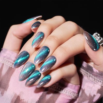 Cat Eye Press on Nails Almond, Grey Medium Handmade Fake Nails with Green Glitter Design, Glossy Salon Perfect Magnetic Gel Bling Nails in 12 Sizes - 24 Pcs Nails Kit for Women Girls