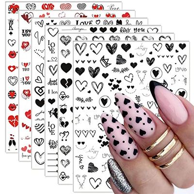 SINSEN Heart Nail Stickers - 6 Sheets Hearts Nail Decals for Women - 3D Self Adhesive Heart Nail Art Stickers - Black Red Heart Love Angel Cupid Nail Designs DIY Valentines Manicure Decorations