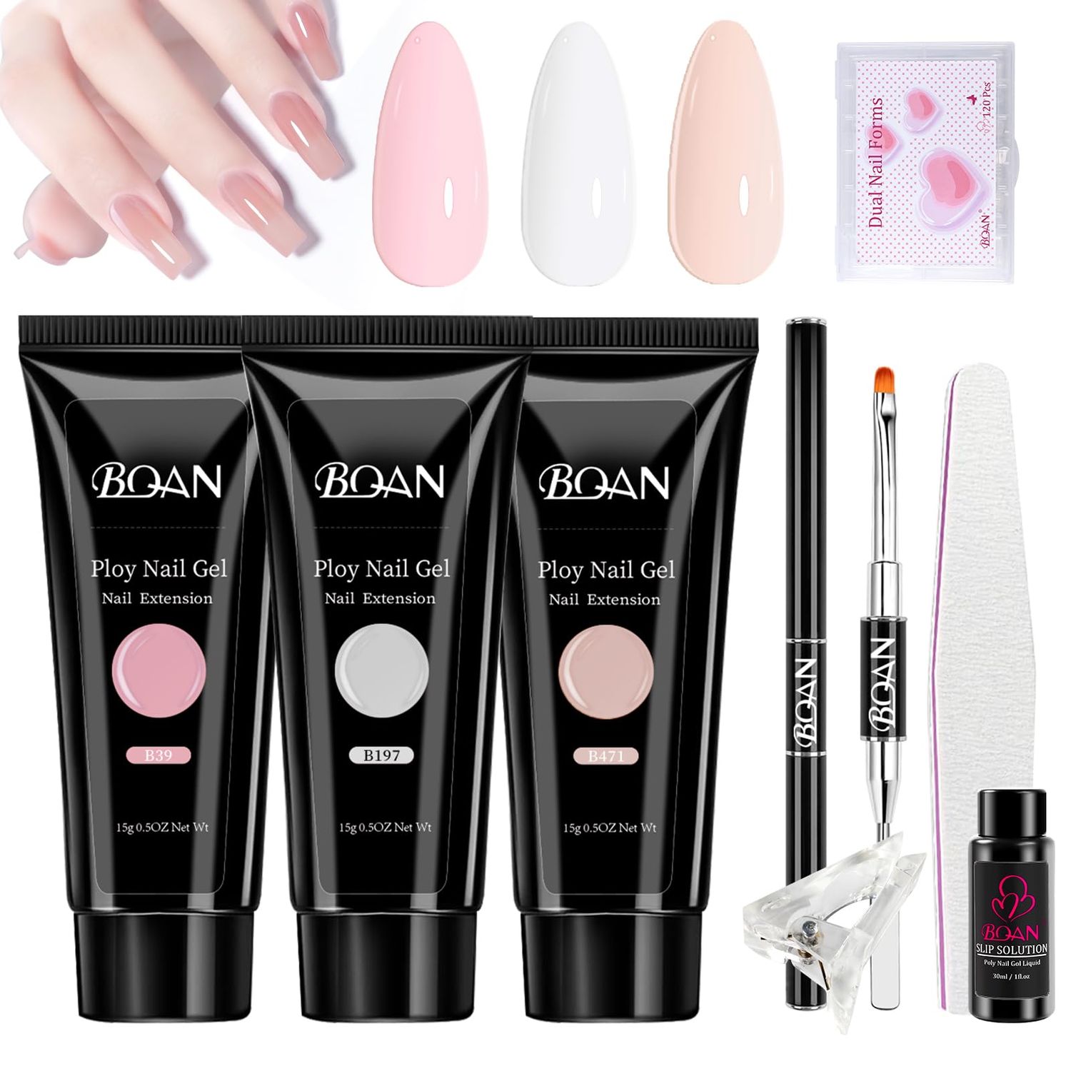 BQAN Poly Nail Gel Kit, 3 Colors Extension Gel With Slip Solution &amp; Dual Forms, Builder Gel for Pro &amp; DIY at Home Manicure Set (White&amp;Pink)