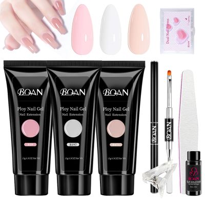 BQAN Poly Nail Gel Kit, 3 Colors Extension Gel With Slip Solution &amp; Dual Forms, Builder Gel for Pro &amp; DIY at Home Manicure Set (White&amp;Pink)