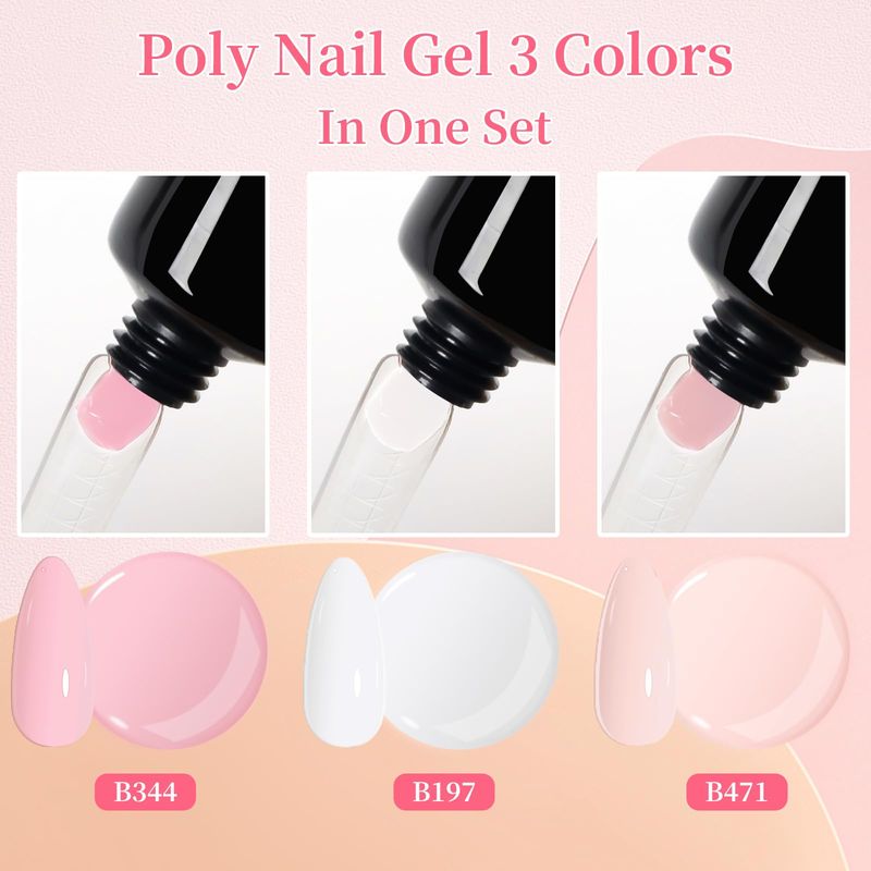 BQAN Poly Nail Gel Kit, 3 Colors Extension Gel With Slip Solution &amp; Dual Forms, Builder Gel for Pro &amp; DIY at Home Manicure Set (White&amp;Pink)