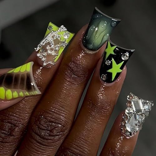 FIEONCIY Press on Duck Shaped Acrylic Medium French False Nails with Designs Artificial Fake Nails with Charms Glue ons Nails Stick on Fingernails for Women Girls (XXS240)