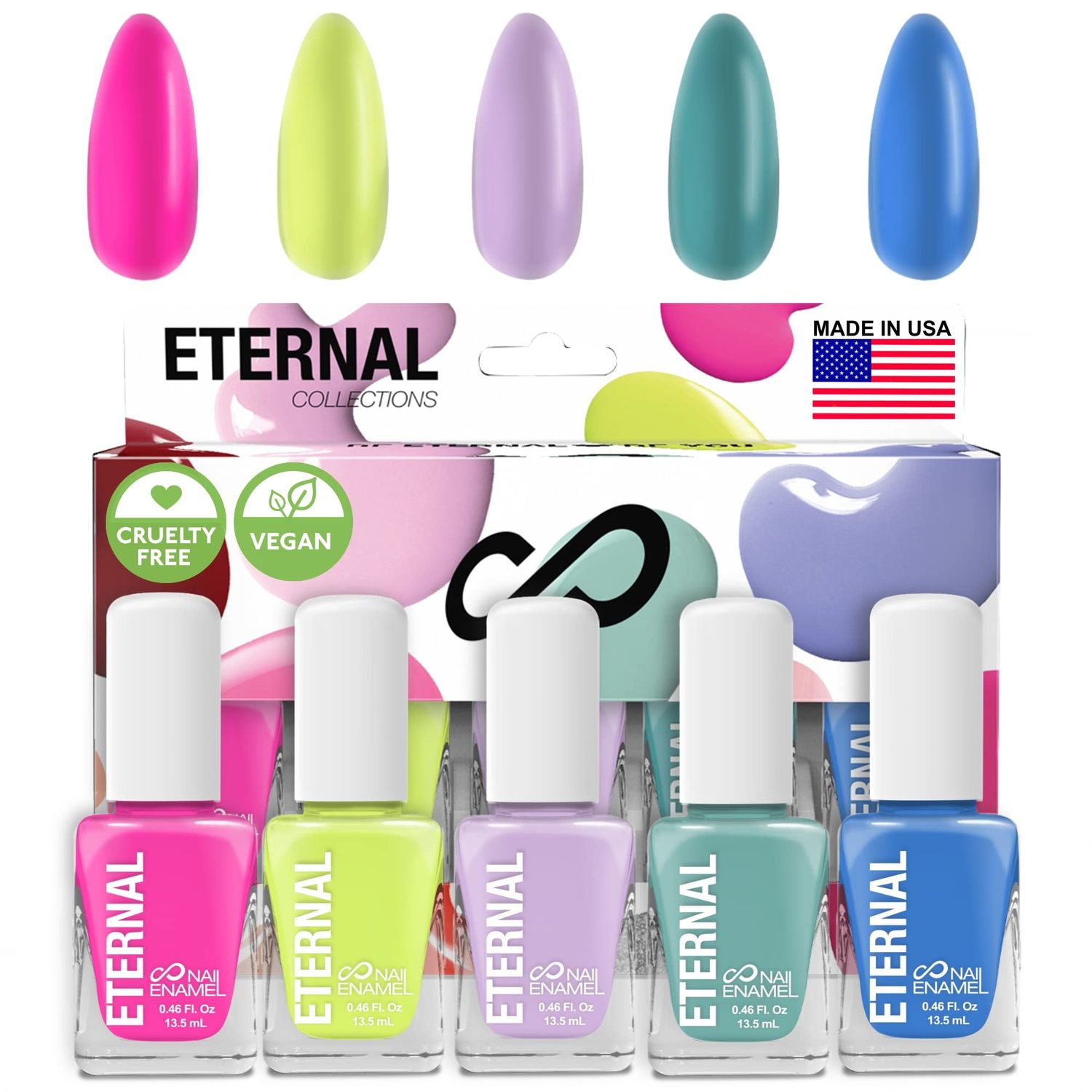 Eternal Pink Nail Polish Set for Women (FUN) - Green Nail Polish Set for Girls - Long Lasting &amp; Quick Dry Blue Nail Polish Kit for Home DIY Manicure &amp; Pedicure - Made in USA, 13.5mL (Set of 5)