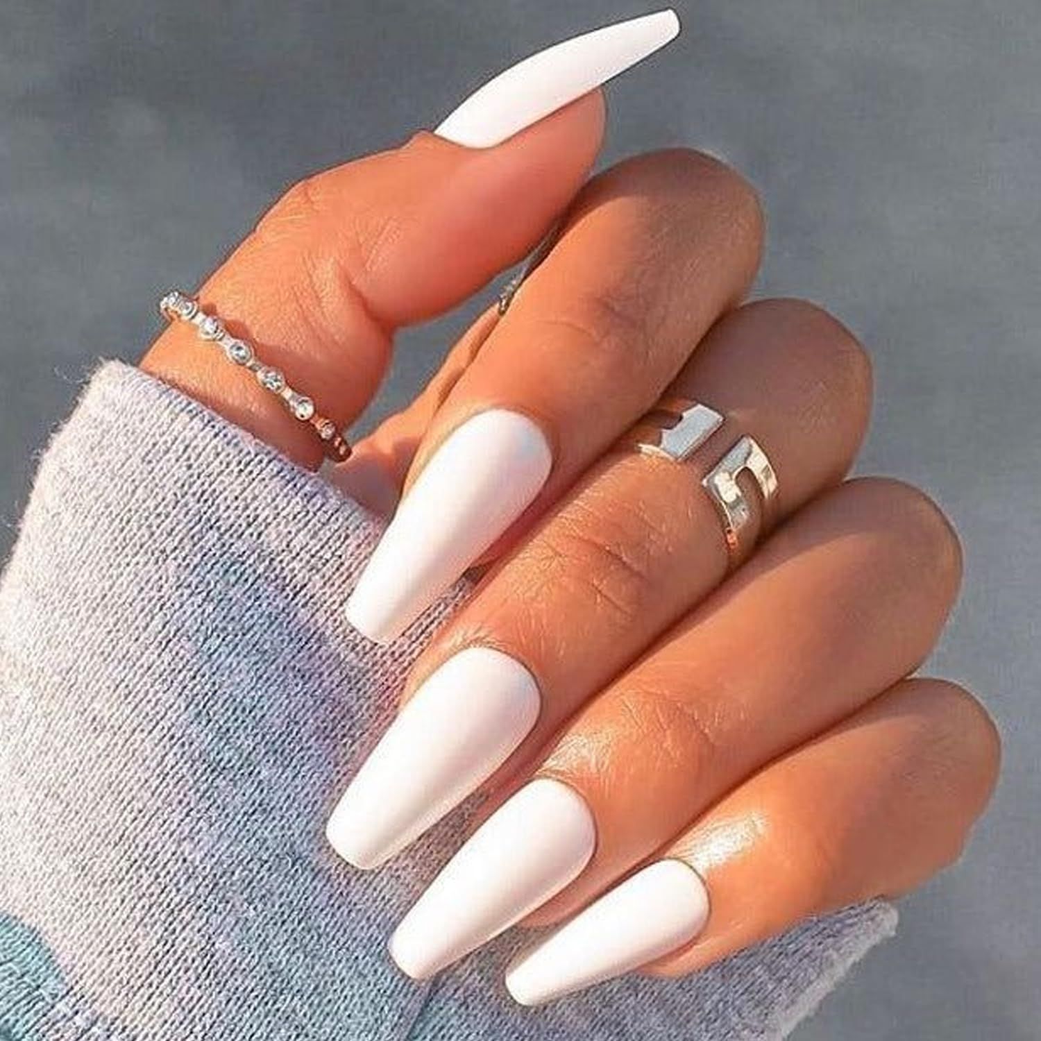 GLAMERMAID Long Press on Nails Coffin,White Coffin False Nails with Adhesive Tabs,24 Pcs Glue on Nails UV Glossy Reusable Acrylic Stick on Nails Tips for Women Girls