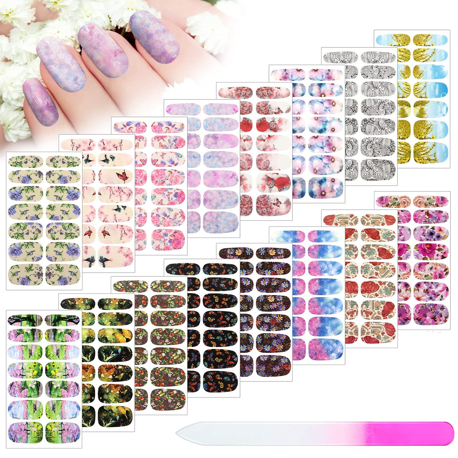 224 Pieces 16 Sheets Flower Full Wrap Nail Polish Stickers Self Adhesive Nail Wraps Nail Decals Nail Polish Sticker Butterfly Flower Nail Decals for Women Nail Decoration