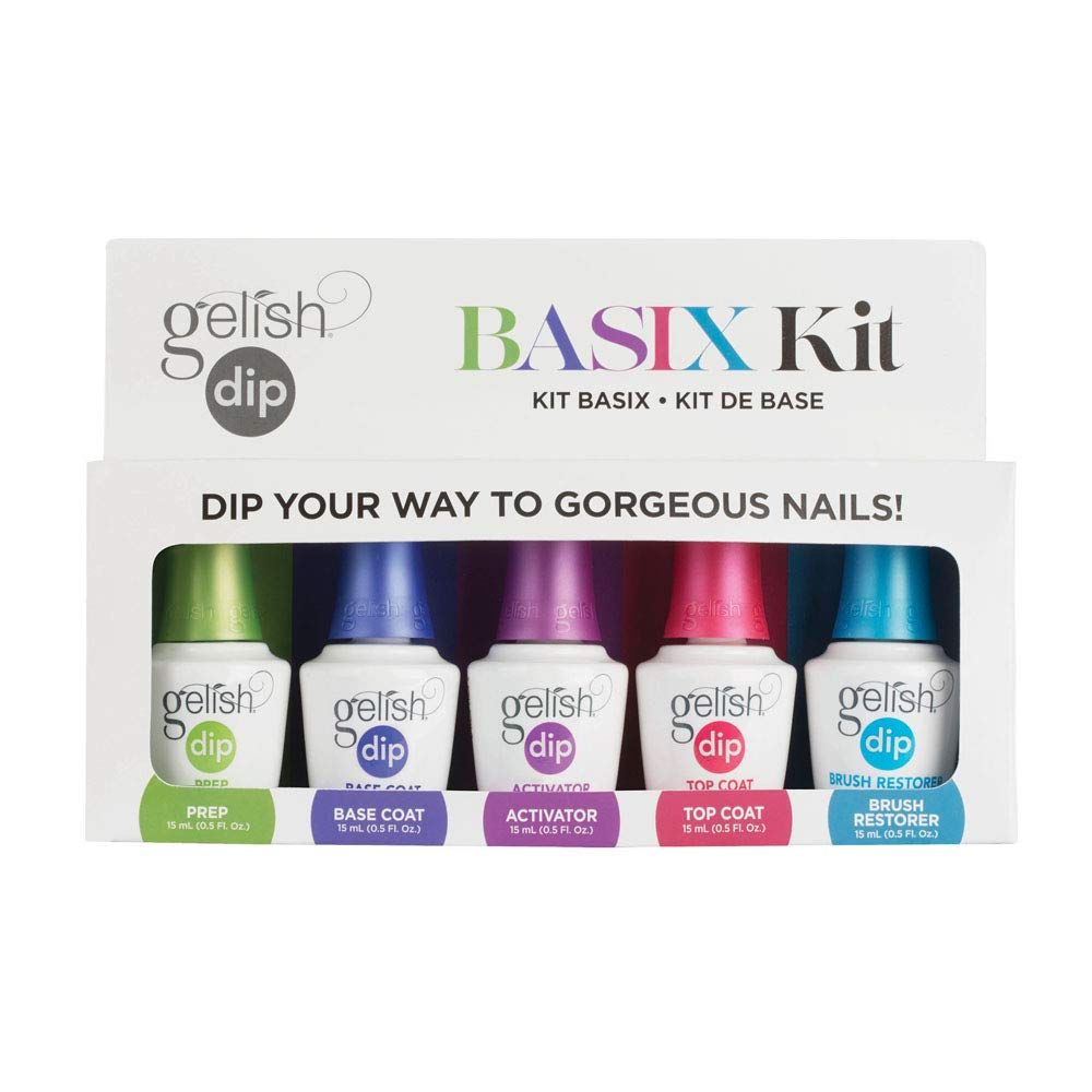 Gelish Dip Basix Kit - Prep, Base Coat, Activator, Top Coat &amp; Brush Restorer - Easy, Odor-Free, No UV or LED Lamp Required for Long-Lasting, Salon-Quality Dip Powder Nails at Home.