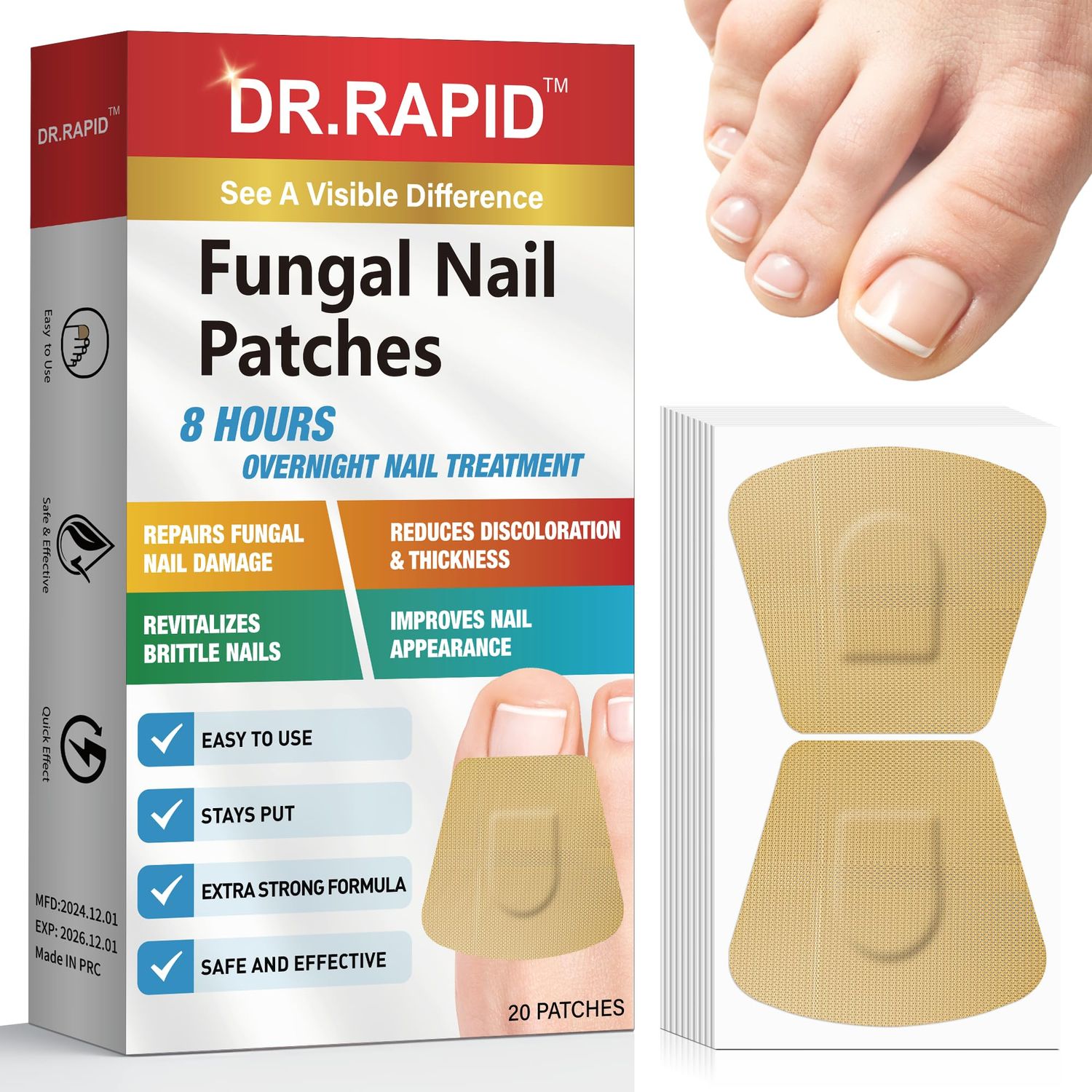 Toenail Fungus Treatment Extra Strength - 20 Hydrogel Patches for Overnight Nail Repair, 8-Hour Nighttime Fungal Nail Patches, Restores Healthy Appearance, Waterproof &amp; Painless Relief