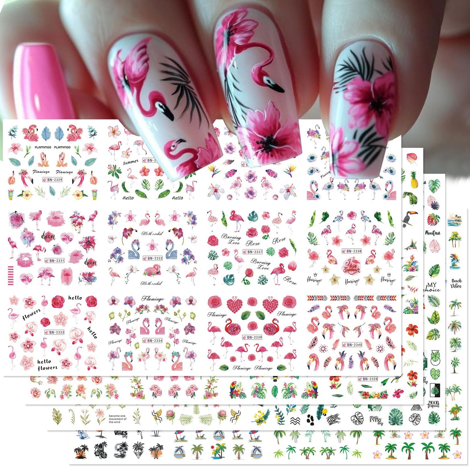 Flamingo Nail Water Decals Stickers 48 Designs Tropical Summer Nail Art Stickers DIY Watermark Fingernails Supply Colorful Flower Leaves Coconut Tree Nail Art Decoration Manicure Accessories 4 Sheets