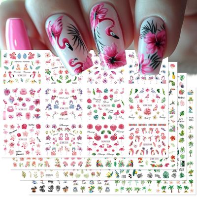 Flamingo Nail Water Decals Stickers 48 Designs Tropical Summer Nail Art Stickers DIY Watermark Fingernails Supply Colorful Flower Leaves Coconut Tree Nail Art Decoration Manicure Accessories 4 Sheets
