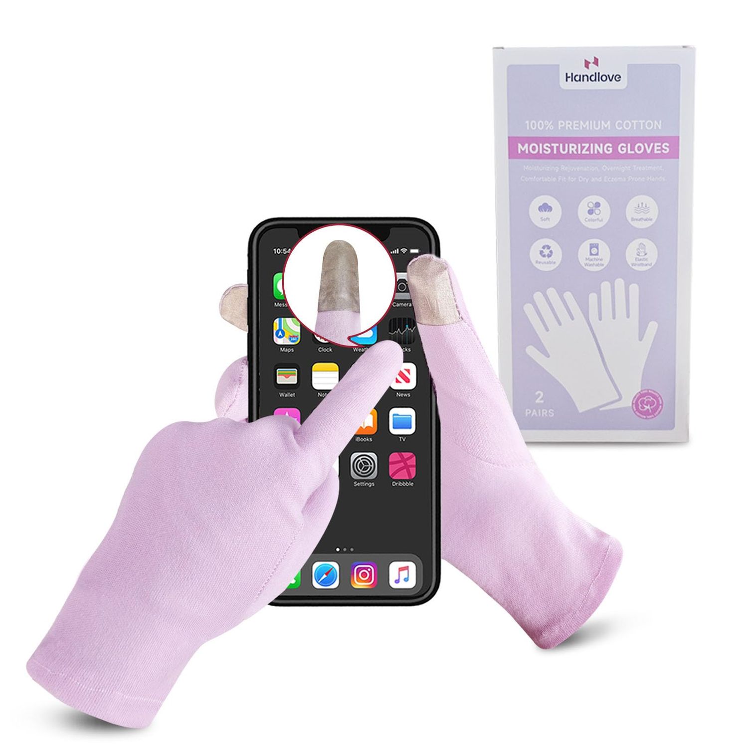 HandLove Premium 100 Cotton Gloves Moisturizing Gloves for Dry Hands &amp; Eczema | Overnight Sleeping Gloves, Eczema Gloves | Reusable| Touchscreen, Purple, 2 Pairs