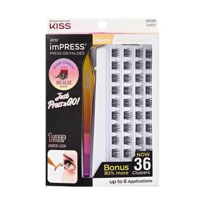 KISS imPRESS Falsies Self Adhesive Eyelashes, Press On Lashes, 12mm-14mm Natural Volume Lashes, Black, No Glue Needed, Invisible Band, 36 Lash Clusters &amp; Non-Stick Applicator - Natural