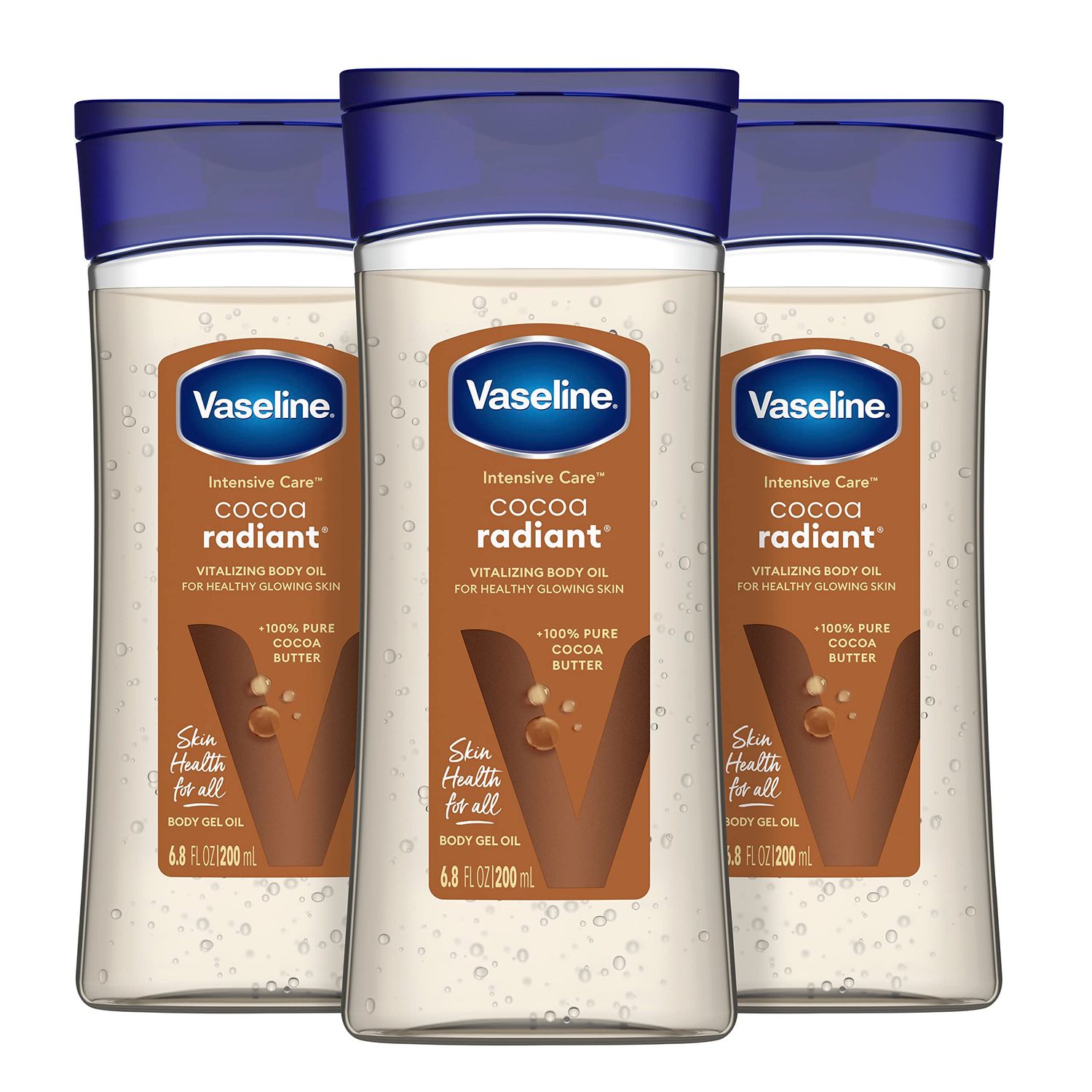 Vaseline Intensive Care Cocoa Radiant For Glowing Skin 3 Count Body Gel Oil Body Oil Made with 100 Pure Cocoa Butter Replenishing Oils 6.8oz