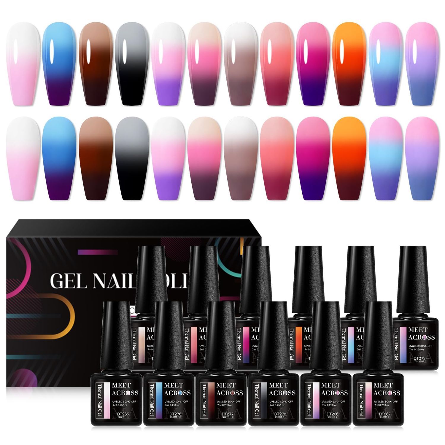 MEET ACROSS Color Changing Gel Nail Polish Set of 12 Temperature Changing Colors Gel Polish Including Pink Purple Orange Mood Changing Gel Manicure Kit for Nail Art Home DIY