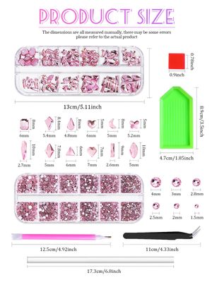 1620 Pcs Nail Art Rhinestones Pink Nail Charms Glass Nail Gems, Wsimily Crystal Flatback Shiny Mixed Nail Rhinestones Beads for DIY Manicure Craft with Tweezer Storage Box Picker Pencil