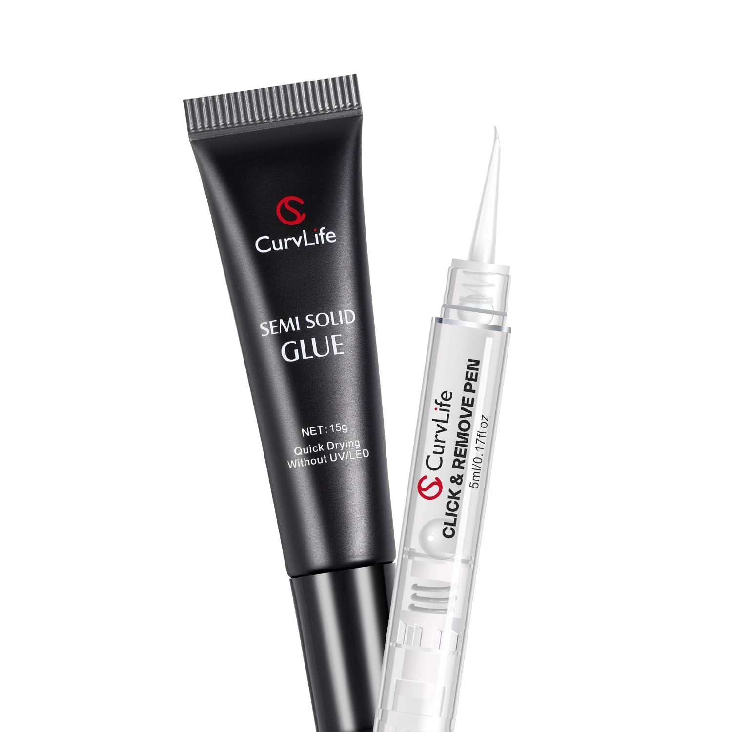 Curvlife 15g Semi Solid Nail Glue Gel with 5ml 3 in 1Nail Glue Remover, No Need for Uv Light, Gel for Press On Nails, Click&amp;Remove Pen Design
