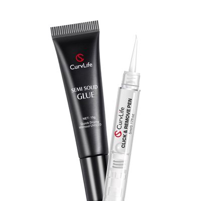 Curvlife 15g Semi Solid Nail Glue Gel with 5ml 3 in 1Nail Glue Remover, No Need for Uv Light, Gel for Press On Nails, Click&amp;Remove Pen Design