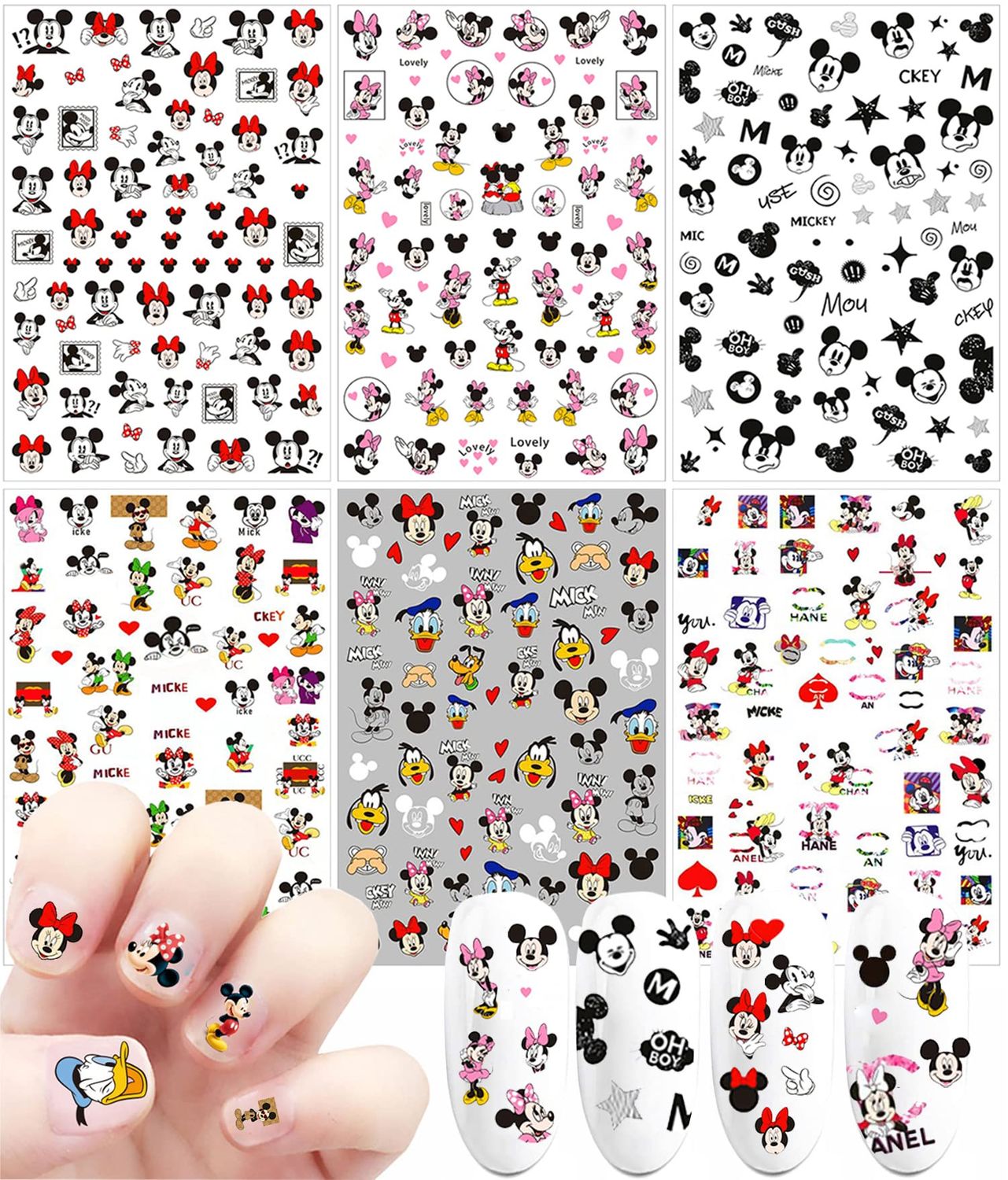 Skreened 3D Mick Mouse Nail Art Stickers Decals Supplies Cute Cartoon Designer Adhesive Accessories DIY Design for Women Kids Girls Manicure Decoration 6 Sheets