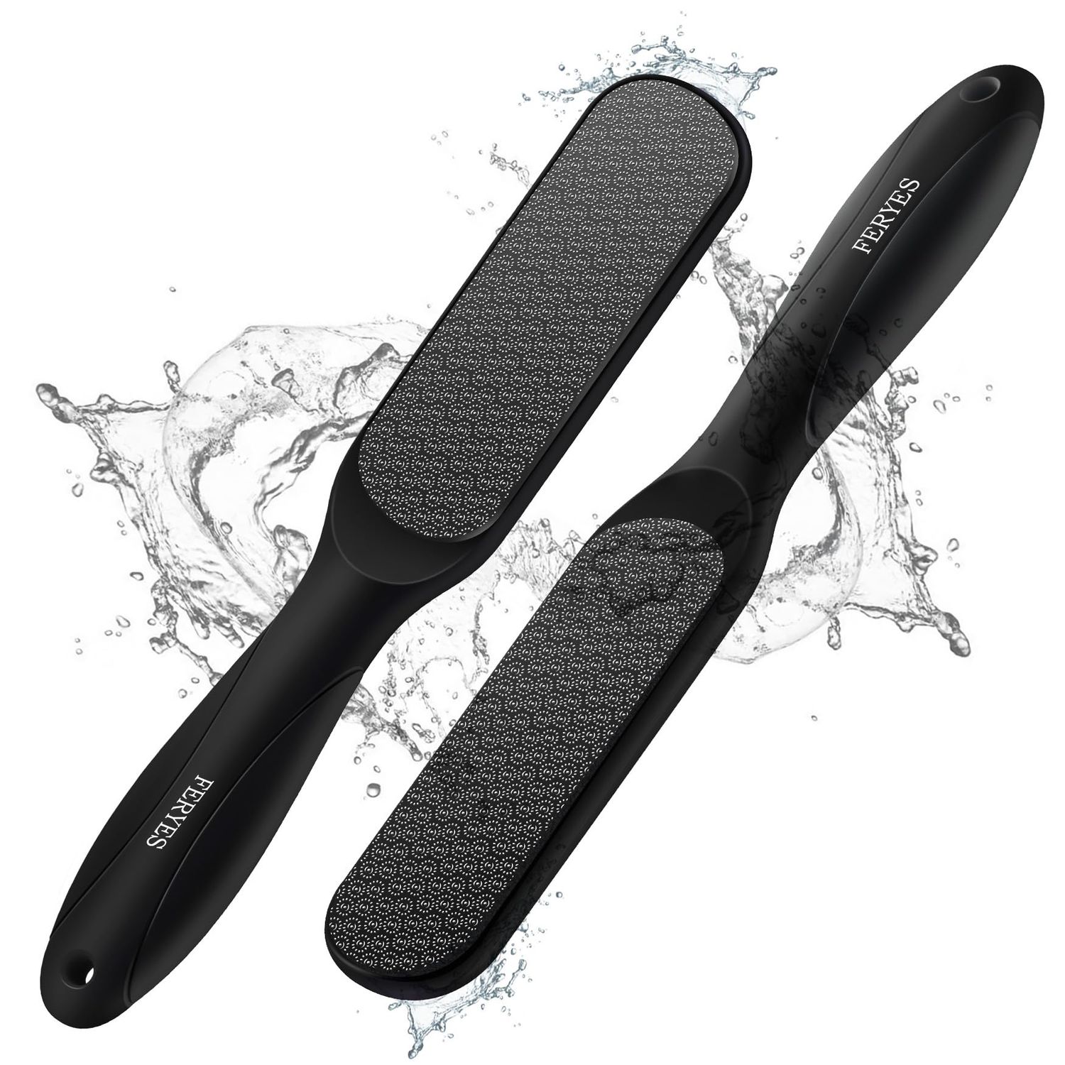 FERYES Dual-Sided Glass Foot File - Long Handle Foot Scrubber for Dead Skin, Cracked Heel Repair, Pedicure Tools for Callus Removal, Glass Pumice Stone Foot Scraper - Black