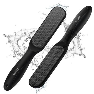 FERYES Dual-Sided Glass Foot File - Long Handle Foot Scrubber for Dead Skin, Cracked Heel Repair, Pedicure Tools for Callus Removal, Glass Pumice Stone Foot Scraper - Black