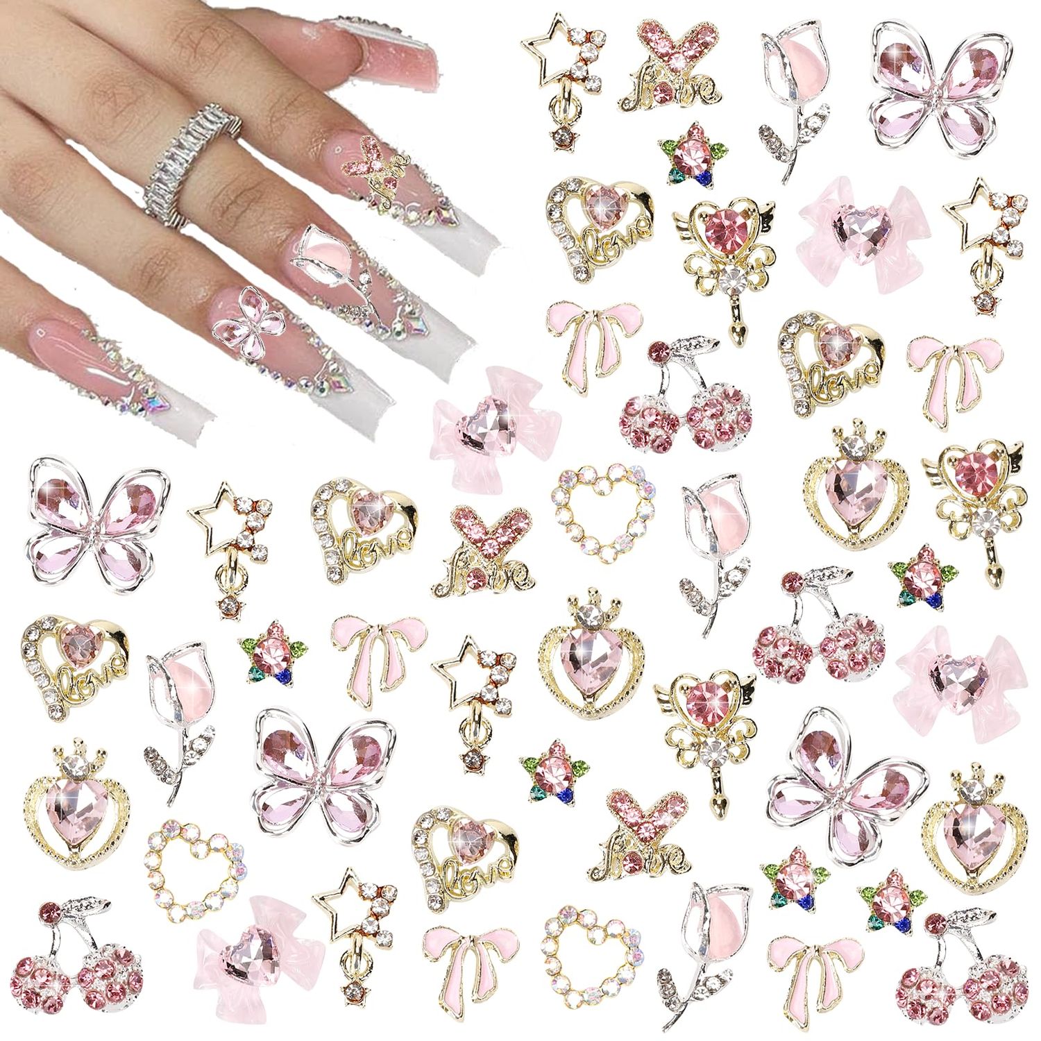 CUBLIVE 24PCS Nail Charms Y2k Alloy Nail Art Rhinestone Charms 3D Heart Star Bow with Rhinestones Cherry Nail Gems Shiny Jewelry Nail Decorations Accessories Supplies (AD24)