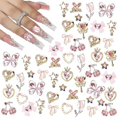 CUBLIVE 24PCS Nail Charms Y2k Alloy Nail Art Rhinestone Charms 3D Heart Star Bow with Rhinestones Cherry Nail Gems Shiny Jewelry Nail Decorations Accessories Supplies (AD24)