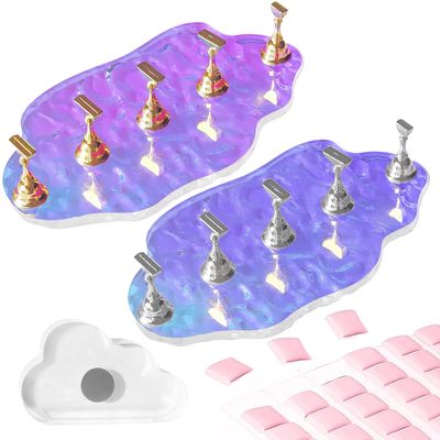 Corconess Press On Nail Stand Set - 2 Pcs Aurora Arcrylic Nail Holder for Painting Nails With A Mini Clear Nail Stand Base, Two Color Metal Nail Holders,Reusable Sticky Putty For Nail Art &amp; Display