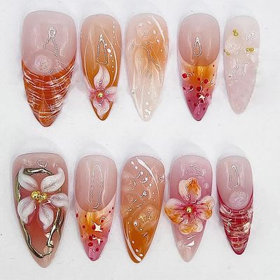 24Pcs French Tip Press on Nails Medium Almond Fake Nails with 3D Flower Gold Beads Designs Full Cover Spring Acrylic Nails Hibiscus Flower False Nails Nude Glossy Stick on Nails for Women