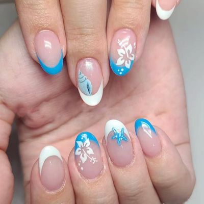 Press on Nails Short Oval OFDNE French Tip Fake Nails Flower False Nails with Designs Hibiscus Starfish Blue &amp; White Ocean Glossy Glue on Nails Summer Acrylic Nails for Women Girls 24 Pcs