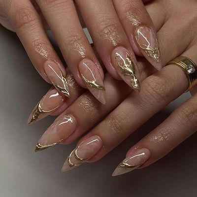 CJDLTS 24Pcs Gold French Tip Press on Nails Medium Length Almond False Nails Golden 3D Lines Design Stick on Nails Artificial Acrylic Nails Full Cover Coffin Nails Reusable Glue on Nails for Women