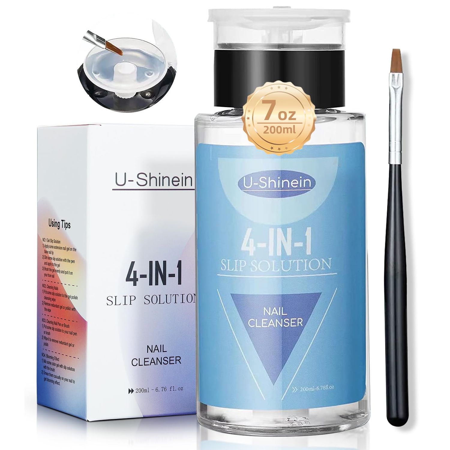 U-Shinein 200ml Nail Slip Solution, 4-in-1 Poly Nail Gel Slip Solution Poly Nail Extension Gel Liquid Slip Solution Builder Gel, Nail Cleaner Liquid Nail Polish Remover with Nail Brush Nail Art