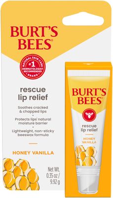 Burts Bees Rescue Lip Relief, Honey Vanilla, Hydrating Lip Balm for Dry Cracked Lips, with Responsbily Sourced Beeswax and Shea Butter, 100 Natural Origin, 1 Squeezy Tube, 0.35oz