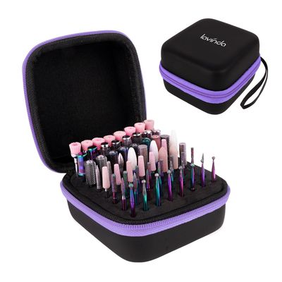 Lavinda Nail Drill Bits Holder, Dustproof Displayer Organizer Container, 64 Holes Nail Bits Container Box Case with High Density Foam to Avoid Slipping &amp; Scratches,Purple (Drill Bits Not Included)