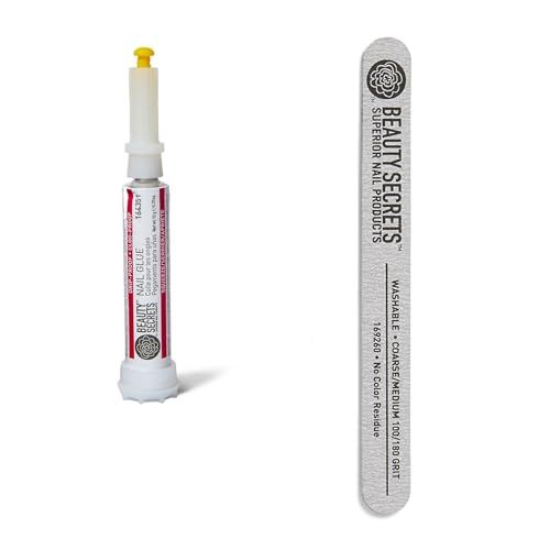 Beauty Secrets Drip &amp; Clog Proof Nail Glue (1 Pack) Bundled with Zebra Cushion Nail File Medium Coarse 180/100 Grit by Beauty Secrets