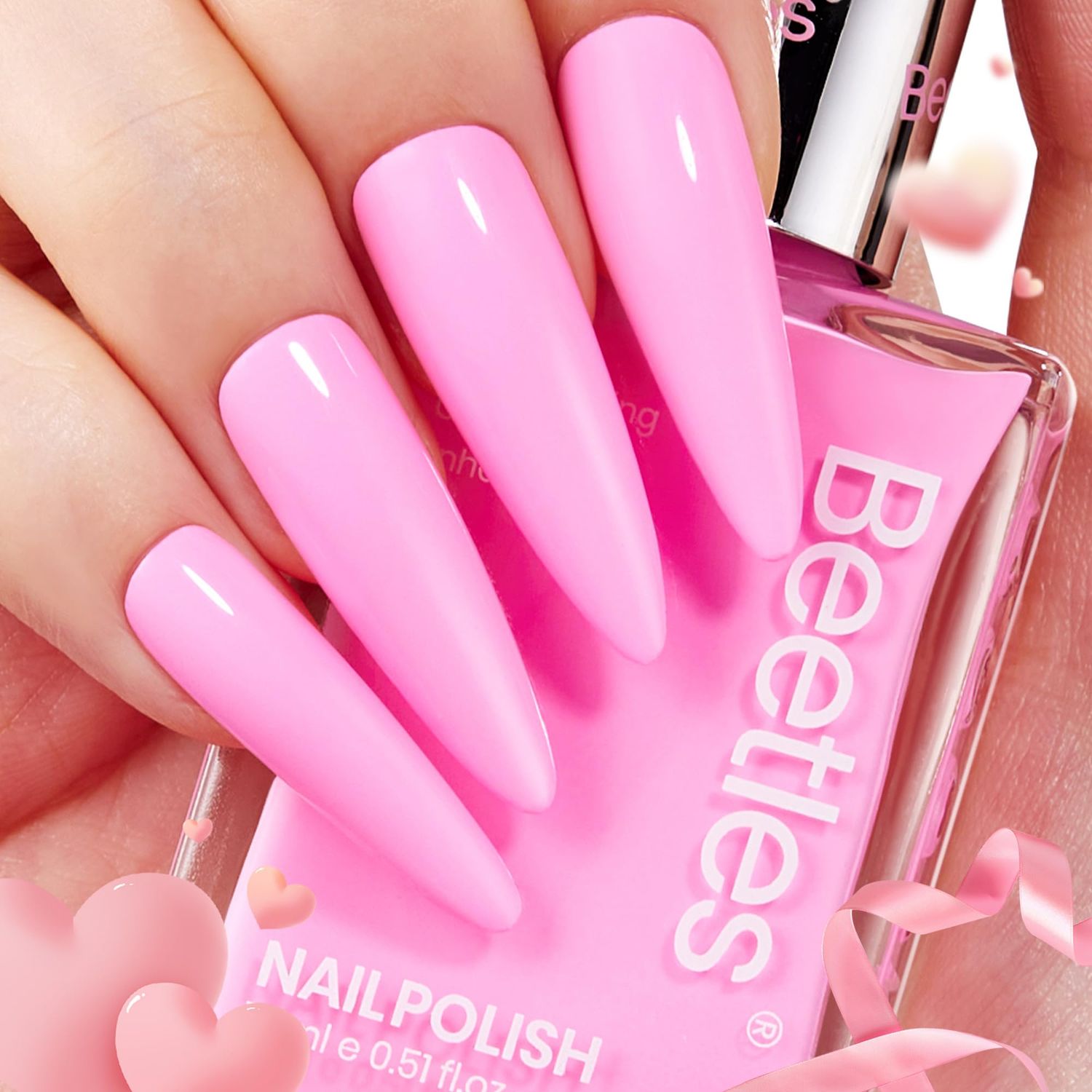 Beetles Pink Nail Polish 1Pcs 15ml Hot Pink Color: Quick Drying &amp; Long Lasting Nail Polish Bonbon Pink, Candy Pink Nail Lacquer Art Effect for Nail Salon-Quality Results Nail Art Design Gift for Women
