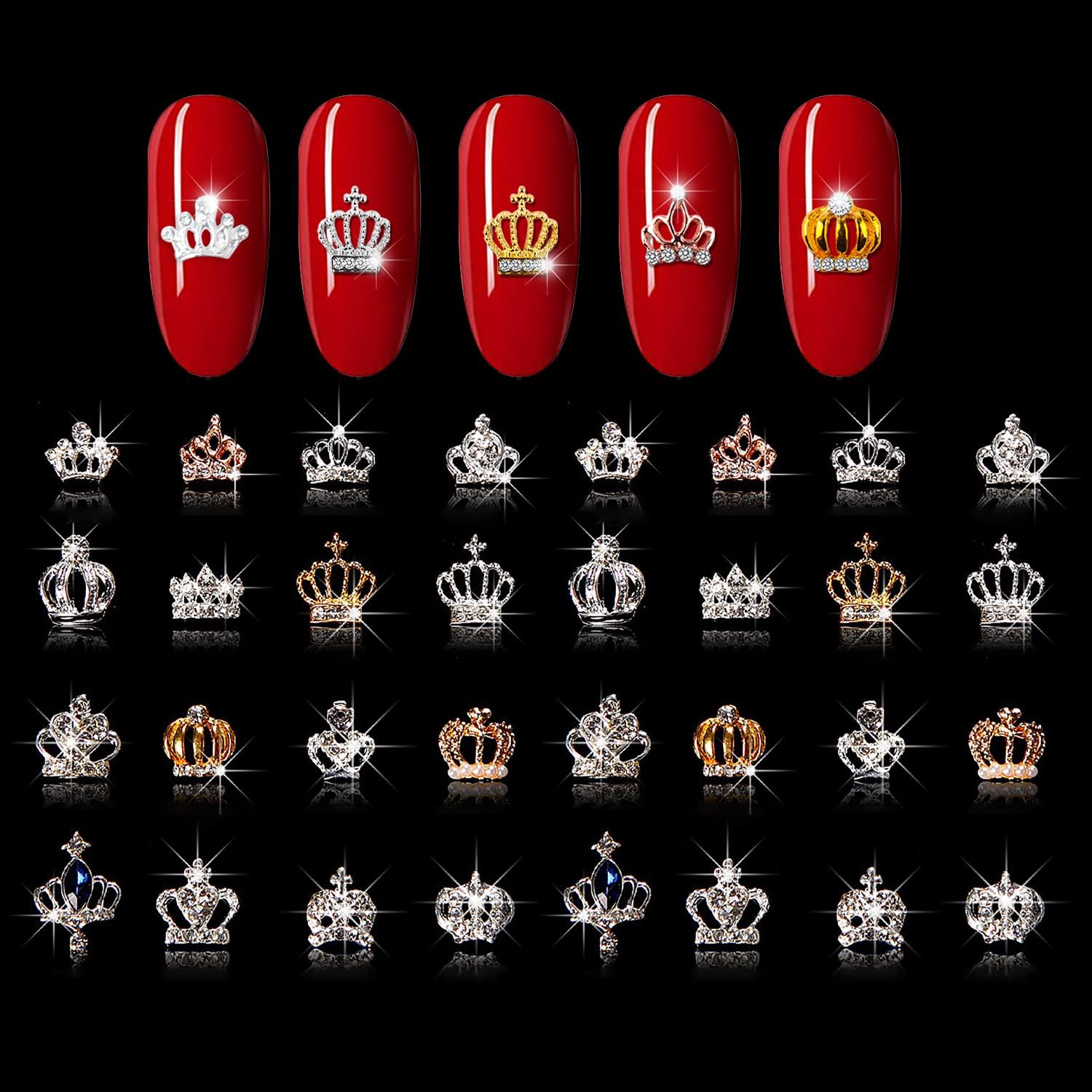 WOKOTO 32Pcs Mutiple Shapes 3D Gold and Silver Crowns Nail Charms for Nails Art 3D Jewelrys for Women Nails Crown Nail Jewelrys for Acrylic Nails Crowns Rhinestones and Charms for Girls