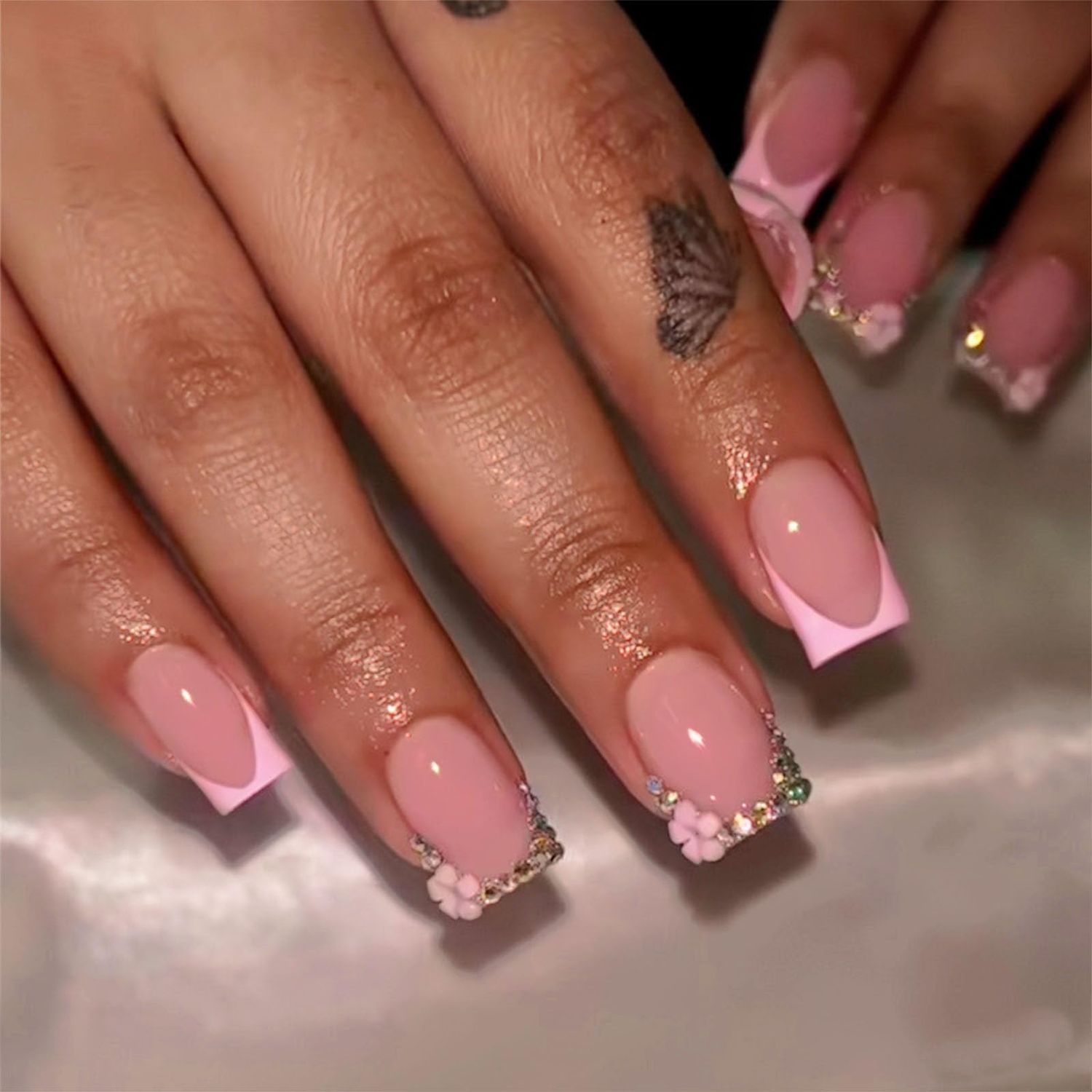 IMRAIN Press on Nails Short Square Fake Nails Pink French Tips Acrylic False Nails Full Cover Glossy Glue on Nails Spring Flower Rhinestone Artificial Nail Art Manicure Decoration