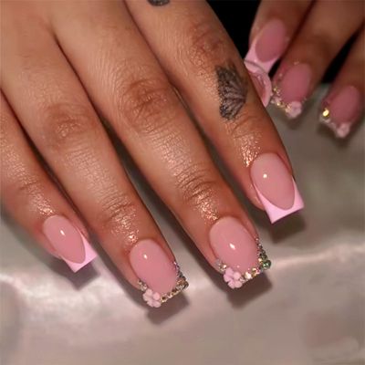 IMRAIN Press on Nails Short Square Fake Nails Pink French Tips Acrylic False Nails Full Cover Glossy Glue on Nails Spring Flower Rhinestone Artificial Nail Art Manicure Decoration