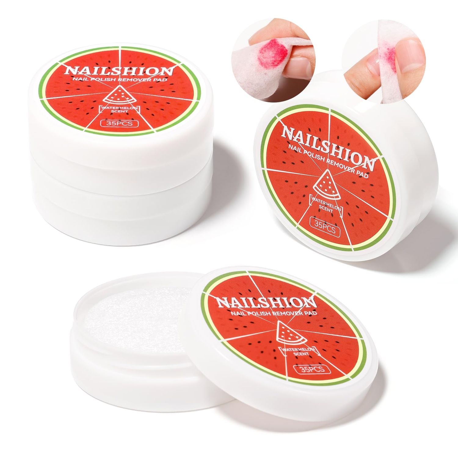 Nailshion Nail Polish Remover Pads in Box, 140 Pcs Non-Acetone Regular Nail Polish Remover Pads with VE | 3-5s Instant Removal | Lint-free Handy Nail Lacquer Cleaning Wipes Refresh Watermelon Scent