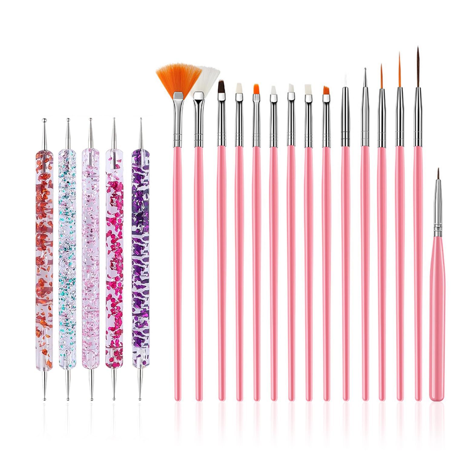 FULINJOY 20 Pcs Nail Art Design Tools, 15 Pcs Nail Art Painting Brushes with 5 Pcs Double-end Nail Dotting Tools
