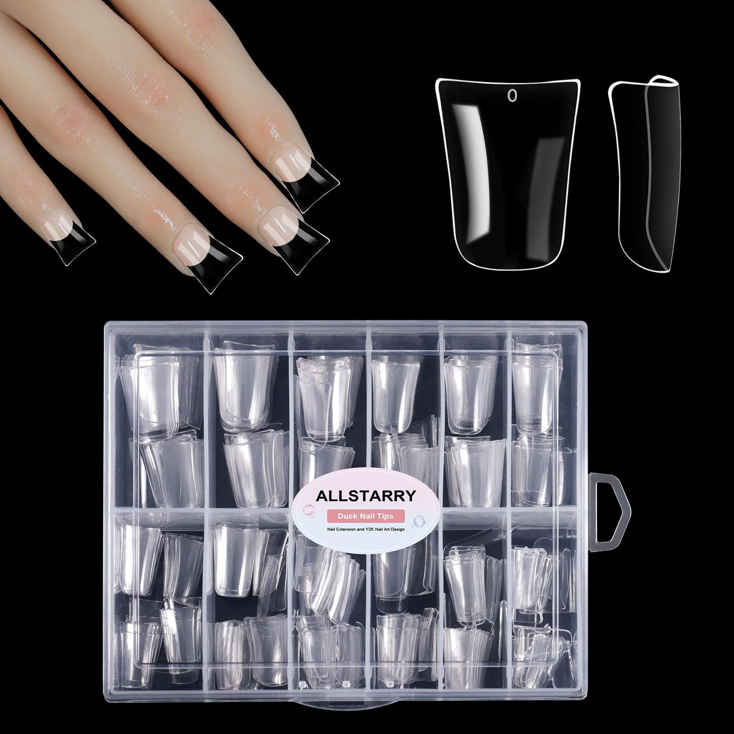 Allstarry Duck Nail Tips, 288pcs Short Curved Nail Tips Full Cover 12 Sizes Clear Duck Nails Press on Crystal Ducks Feet False Nails Extension French Soft Gel Fan Tips for Y2K Salon DIY - 22MM