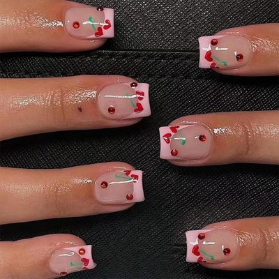 24Pcs French Tip Press on Nails Short Square Fake Nails Cherry Heart Red False Nails Red Rhinestones Designs Acrylic Glossy Nails Glue on Nails for Women Manicure Decorations