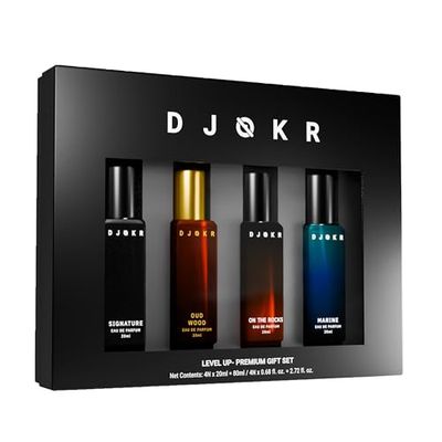 DJOKR Perfume For Men Gift Set Pack of 4x20 ML | Eau De Parfum | Premium Luxury Long Lasting Fragrance Spray | Signature, Wicked, Oud Wood, Marine (4x20 ml)