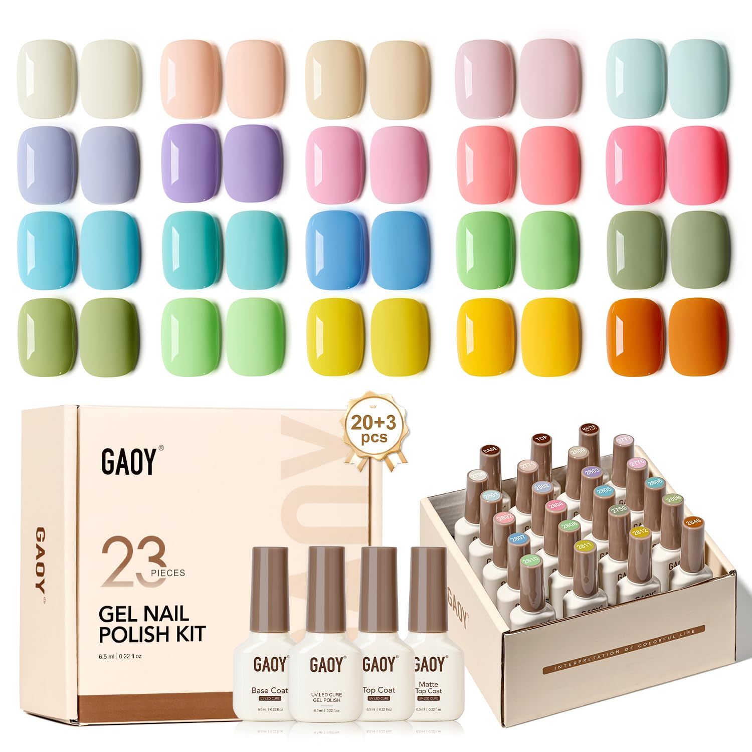GAOY 23 Pcs Gel Nail Polish Kit, Pastel Macaron Colors Bright Pink Green Yellow Blue Popular Colors UV Gel Nail Polish Set with Glossy &amp; Matte Top Coat and Base Coat for Nail Art DIY Gel Nail Kit